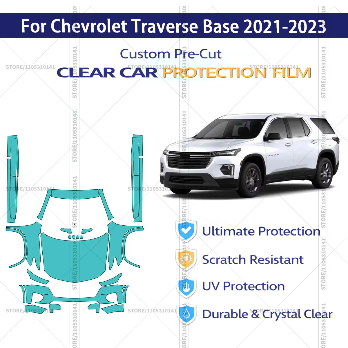 

Для Chevrolet Traverse Base 2021-2023: Предварительно вырезанная прозрачная защитная пленка (PPF) для автомобиля, комплект для передней части и порогов