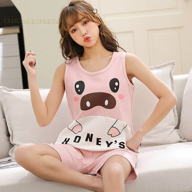 Summer Short Sleeved Pajamas For Women Cute Girl Sleepwear Cartoon Panda Pajama Set Pyjamas Yellow Sleepwear Homewear Fashion