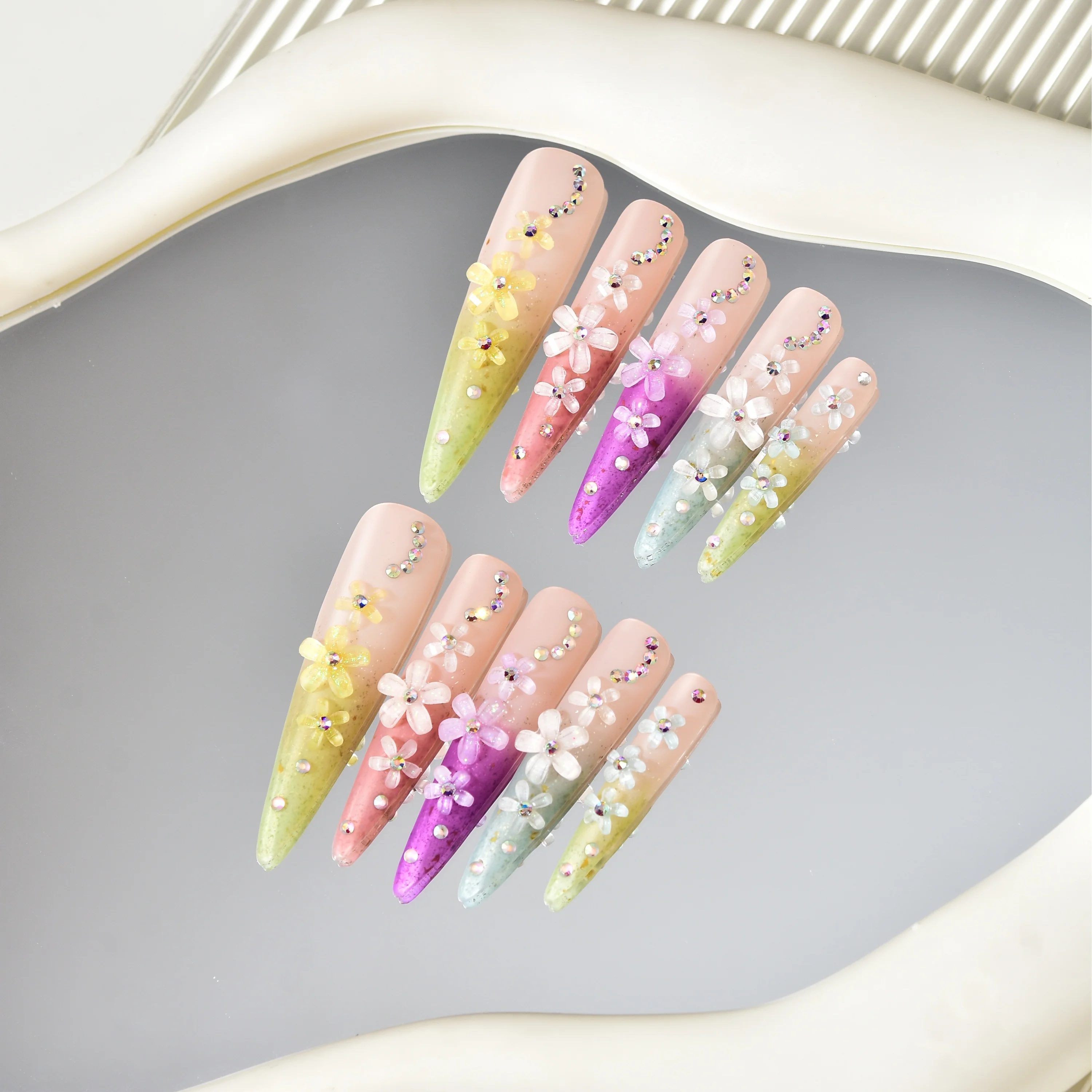 Super Long Fake Nails Cute Colorful Designs Rhinestone Flower Press on Nails Ballerina False Nails for  DIY Manicure Nail Tips