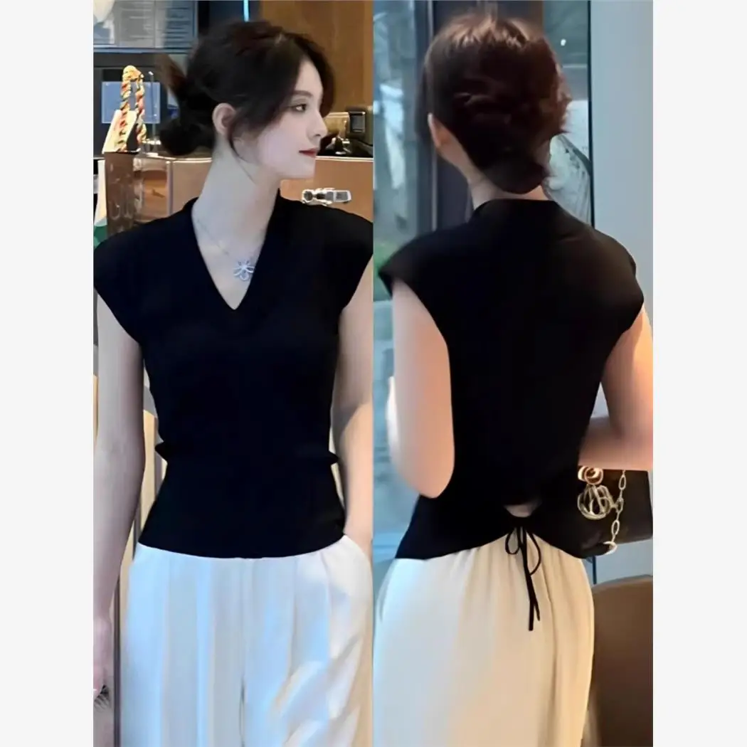 

Ele V-Ne Knitted Vest Women's Faion 2025 Summer Slim Fit Ba Strap Design ort Sve Top