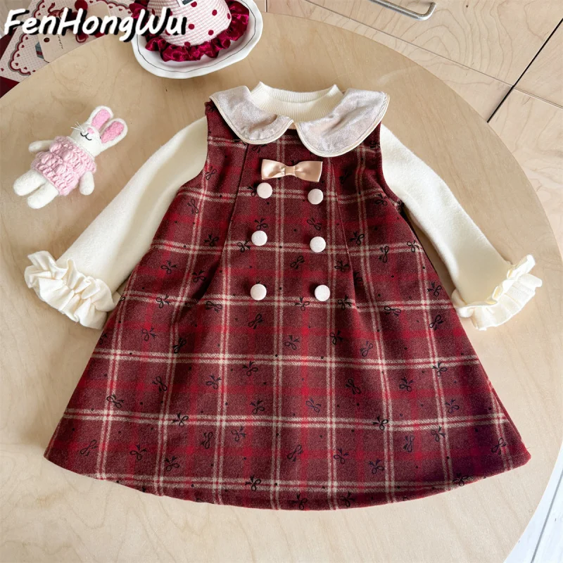 

Winter Dress for Baby Girls, Fleece-Lined Red Plaid One-Year-Old Vest Dress, New Year Outfit