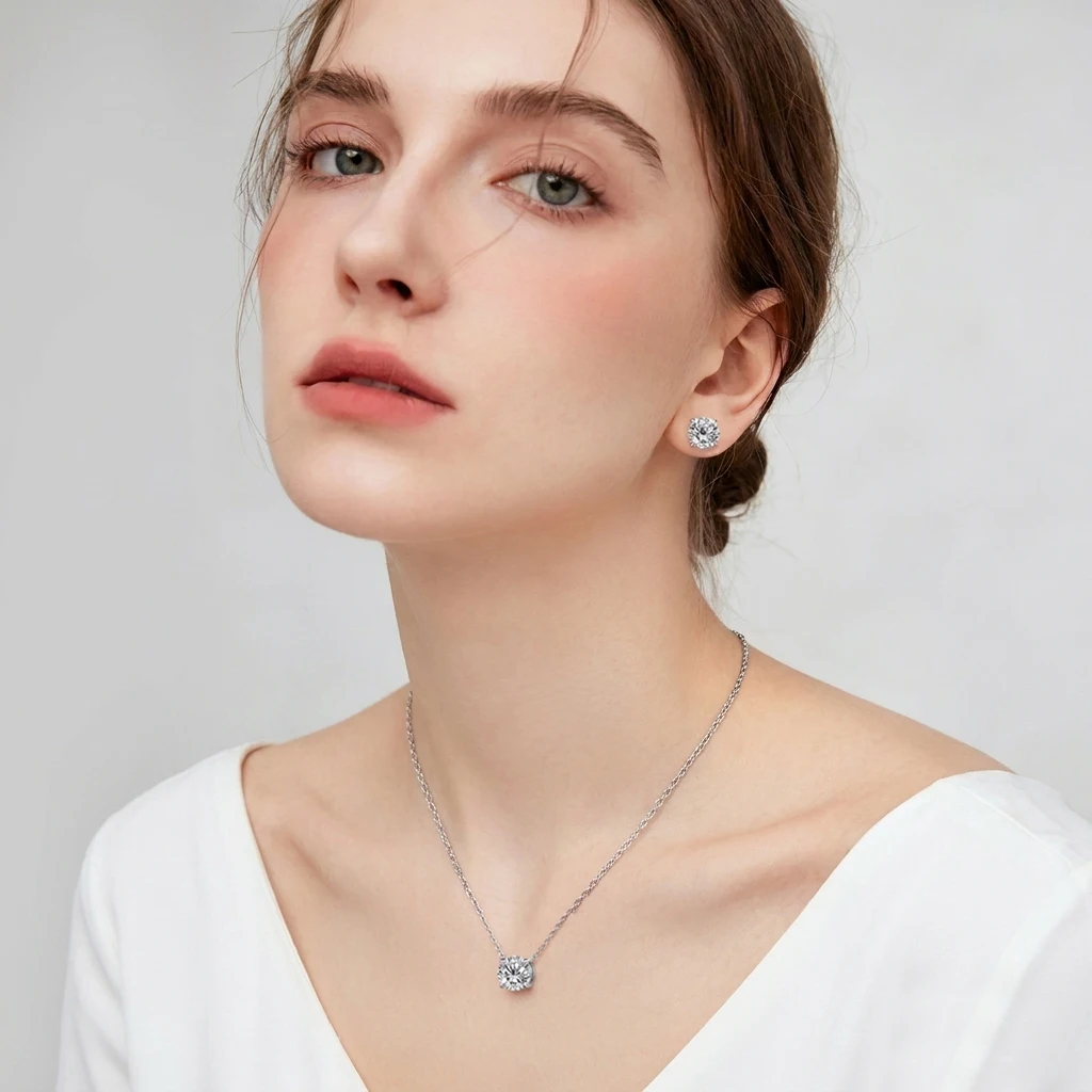 

ATTAGEMS Round Moissanite Stud Earrings Solitaire Pendant Necklace s925 Sterling Silver Bridal Wedding Jewelry Set for Women Men
