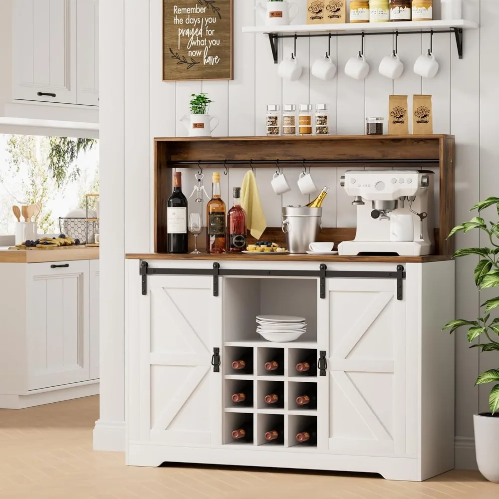 47" Farmhouse Sideboard Buffet Cabinet with Sliding Barn Door, Wine Rack & 6 Hooks, Wine Bar Cabinet for Home Dining