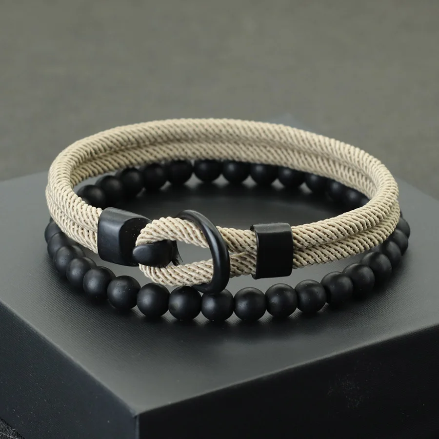 Mode Herren Armband Set Glück Faden Wrap Armband Meditation Onyx Stein Perlen Armband Hombre Hand Zubehör Stoff Schmuck