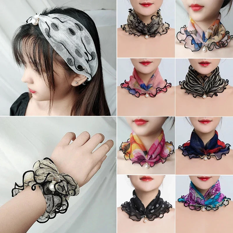 Fake Pearl Pendant Ruffle Lace Scarf Organza Neck Collar Chiffon Scarves Print Shiny Scarf Multi-functional Elastic Neck Wrap