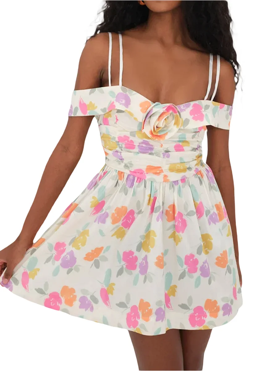 Women Sleeveless Floral Dress Summer Ruched A-Line Party Mini Dress for Cocktail Beach Streetwear