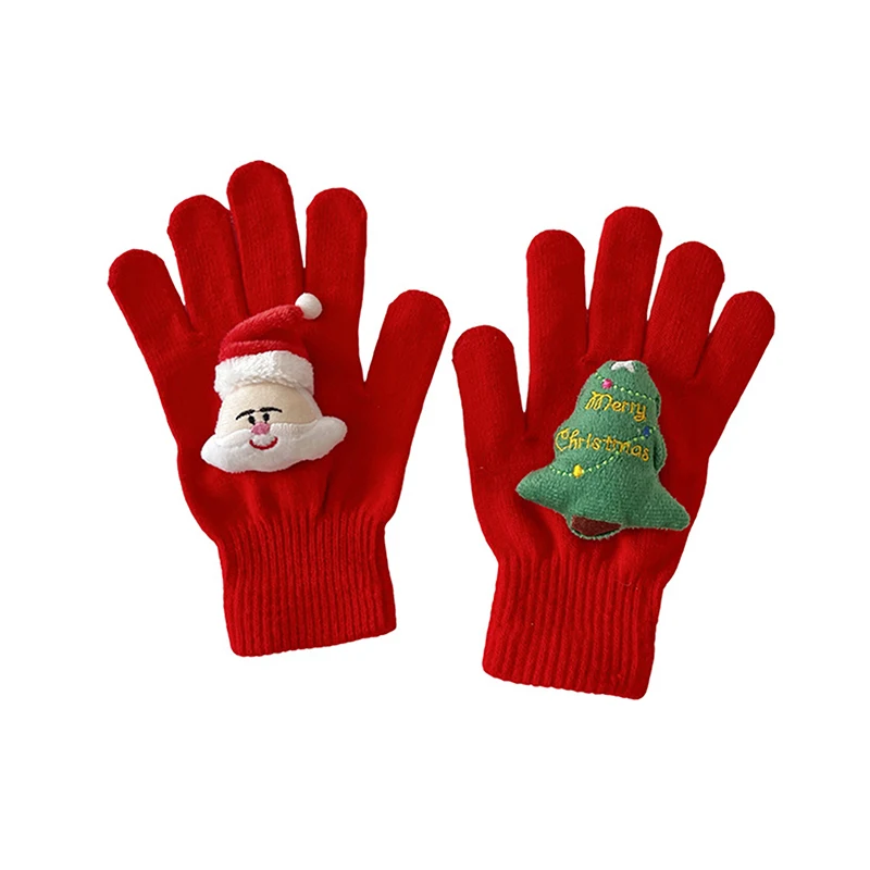 Cartoon Christmas Tree Santa Claus Doll Solid Color Knitted Gloves Winter Warm Outdoor Five-finger Gloves