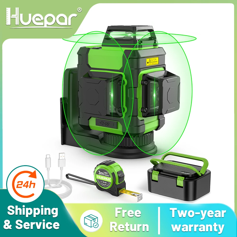 Huepar เลเซอร์วัดระดับ3D 12เส้น, เครื่องจัดตำแหน่งเลเซอร์ลำแสงสีเขียวปรับระดับได้พร้อมไม้บรรทัดยืดหดได้และกล่องพกพาแบบแข็ง