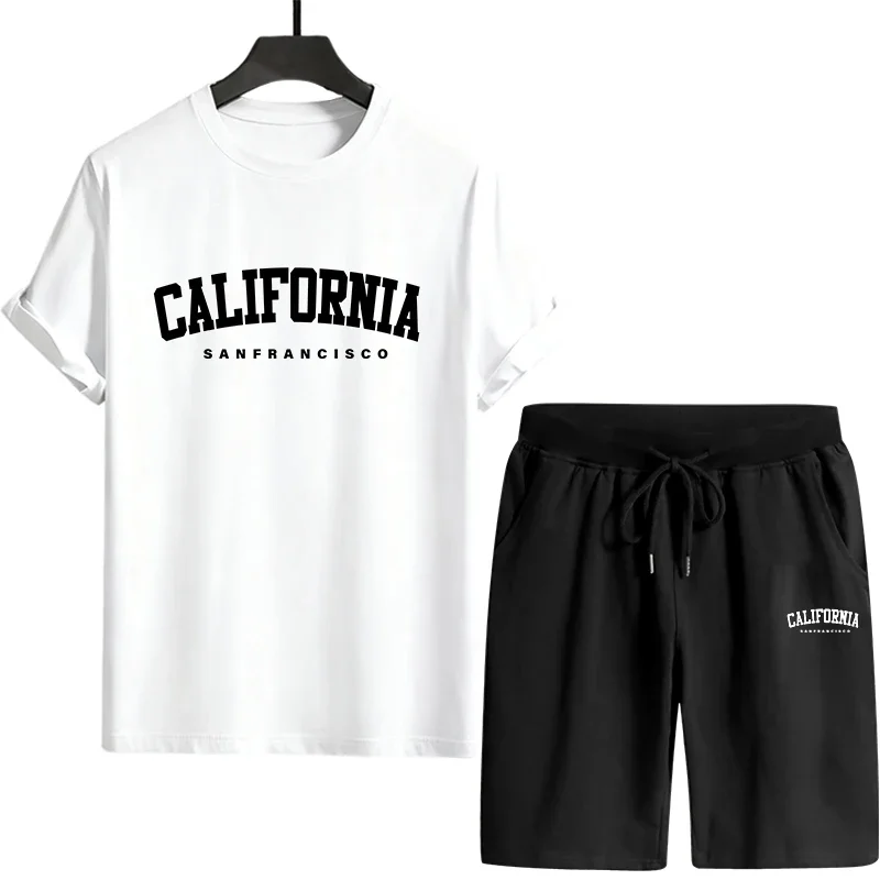 

2026 California Print Tracksuit for Man Spring Summer Daily Casual Fashion Short Sleeve Outfit T-shirt and Shorts Men's Clothes