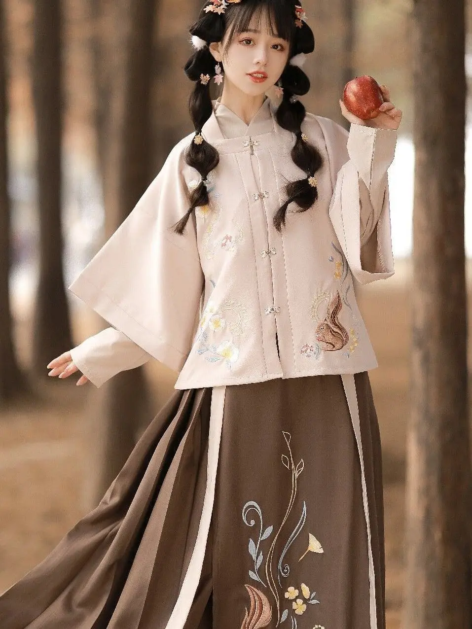 Ming Style Square Neckline Half Sleeved Hanfu Autumn And Winter Ponytail Skirt Dress Chinese Traditional Costume