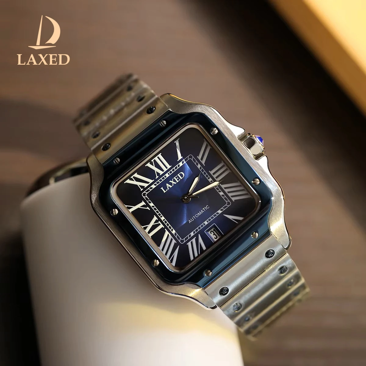 

LAXED Men's Square Automatic Mechanical Watch Roman dial Compatible with Santos series stainless steel waterproof NH35 Movement