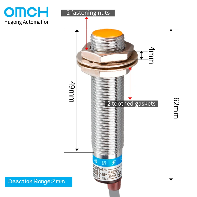 OMCH LJ12A3-2 Series Inductive Proximity Sensor Approach Switch M12 Detection Distance 2mm  Direct-Current  AC