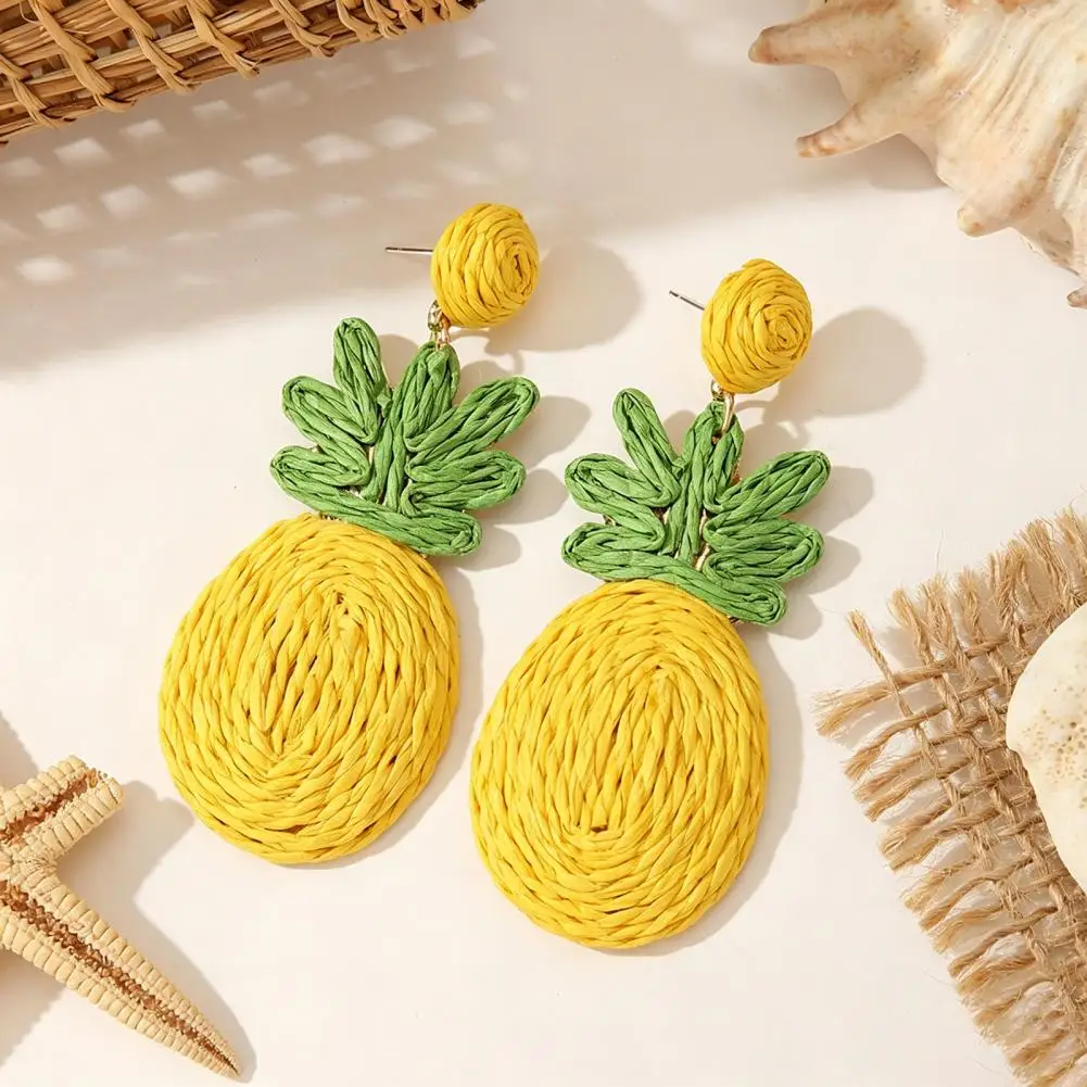 Non-painful Earlobe Earrings Lightweight Woven Earrings Handmade Raffia Earrings for Women Boho Straw Pineapple Dangle Jewelry
