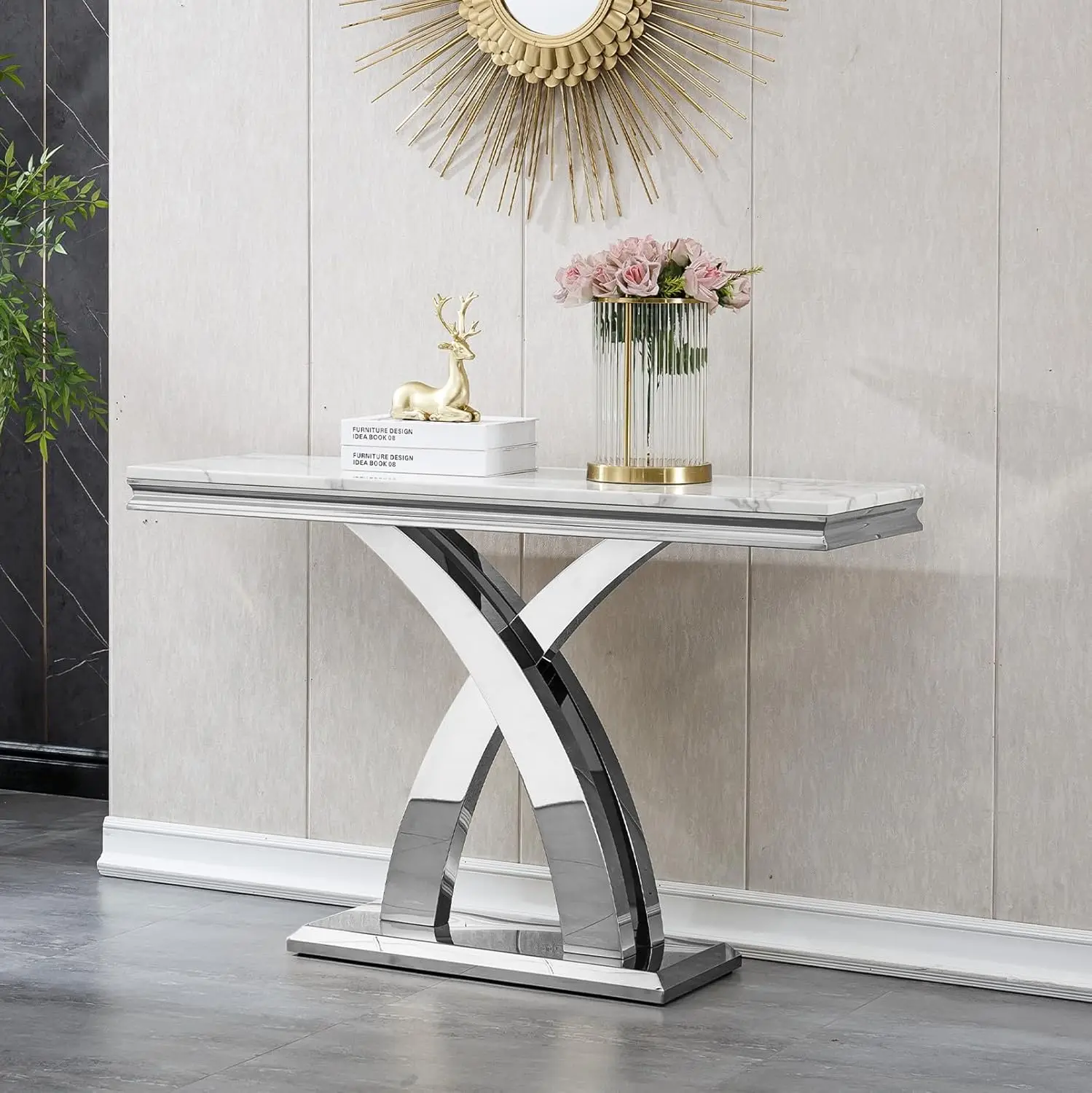 46.85'' Marble Console Table,Modern Luxury Long Narrow Console Entryway Table Hallway Table with Silver X-Shape Stainless Steel
