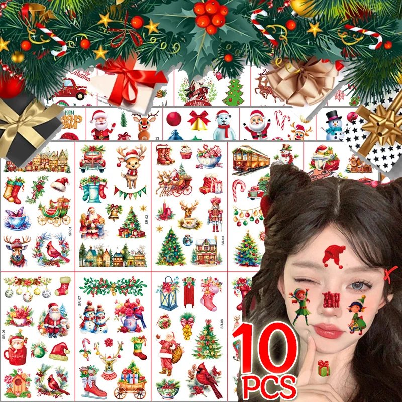 10Sheets Christmas Temporary Tattoo Stickers Cartoon Festival Deocration Waterproof Tattoo Sticker Transfer Face Arm Body Decals
