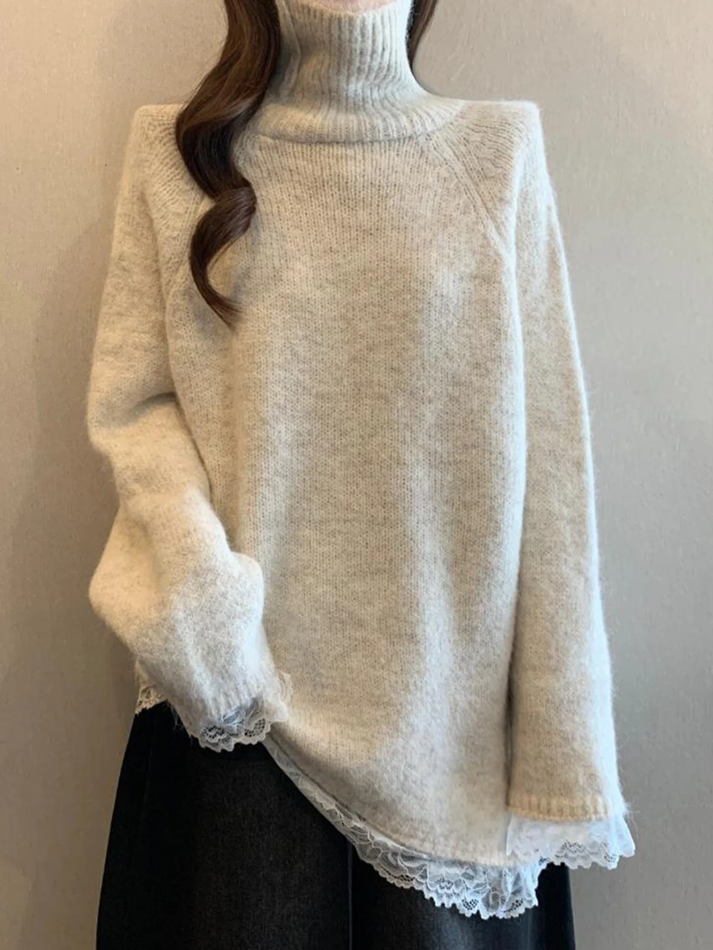 

High Collar Lace Trim Spliced Knitwear Women's Loose Fit Lazy Middle Length Overhead Sweater Autumn Winter Thi Warm Sle