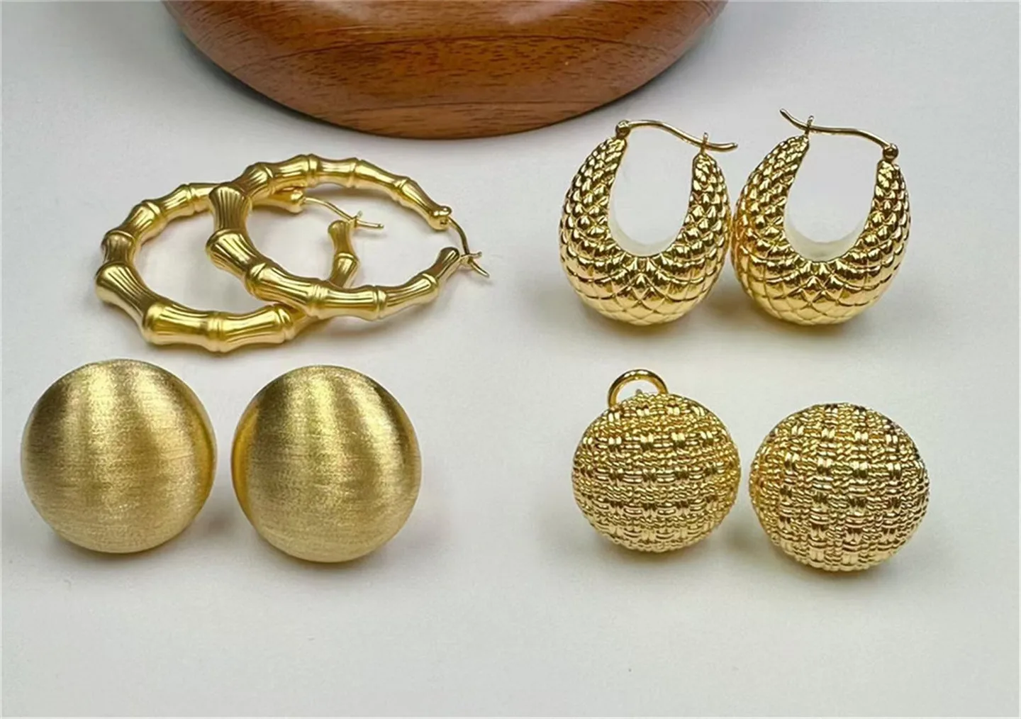 14K Gold Solid European-style Pinecone Spherical Earrings, Bamboo Joint Hoop Earrings, Unique Ear Clasps, High-end Custom Jewelr
