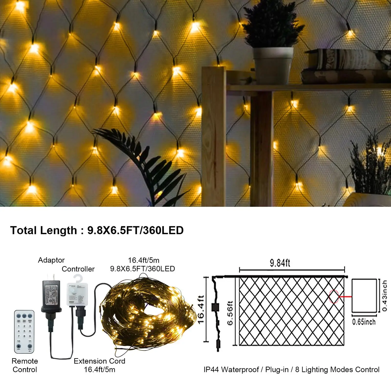 9.8x6.5FT 360 Christmas Mesh Net Lights with Remote, 8 Modes - Connectable Indoor Outdoor Fairy Lights for garden , Bushes,