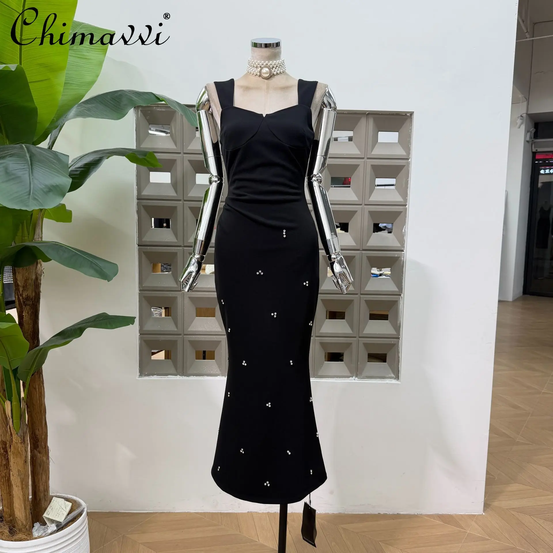 

2026 Summer French Elegant Square Neck Sleeveless Diamond High Waist Slim Fit Black Evening Party Fishtail Long Dress for Women