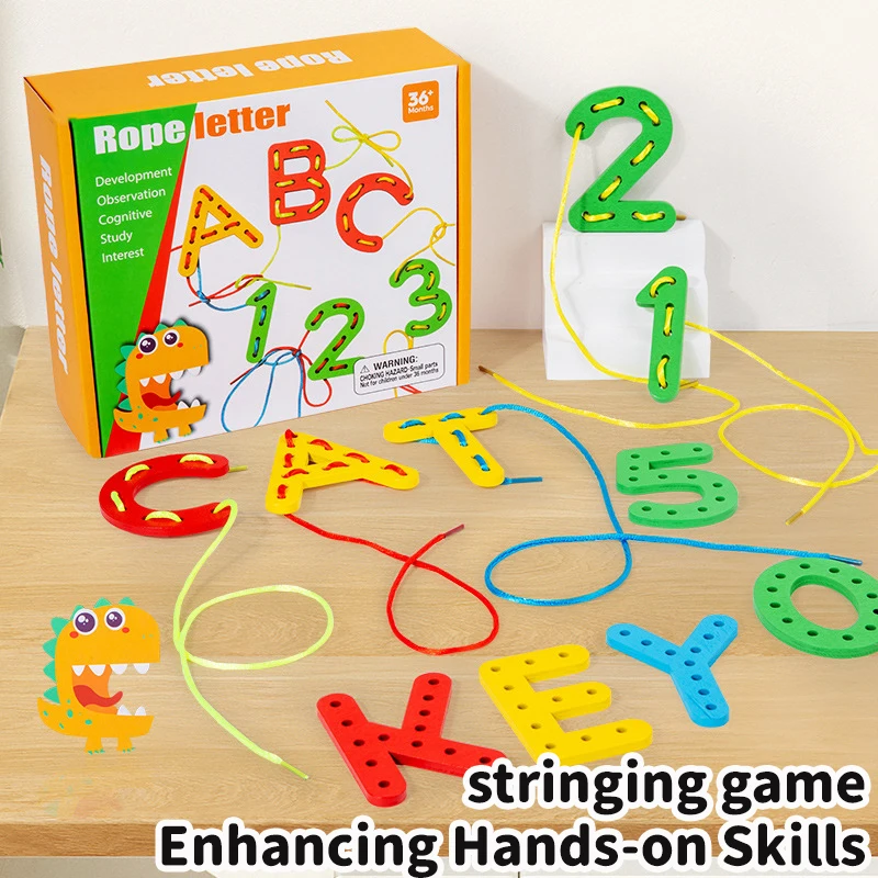 

Montessori Wooden Numbers Alphabets Threading Toys Kids Early Education Puzzle Game Toys Take Exercise Hand Eye Coordination Toy