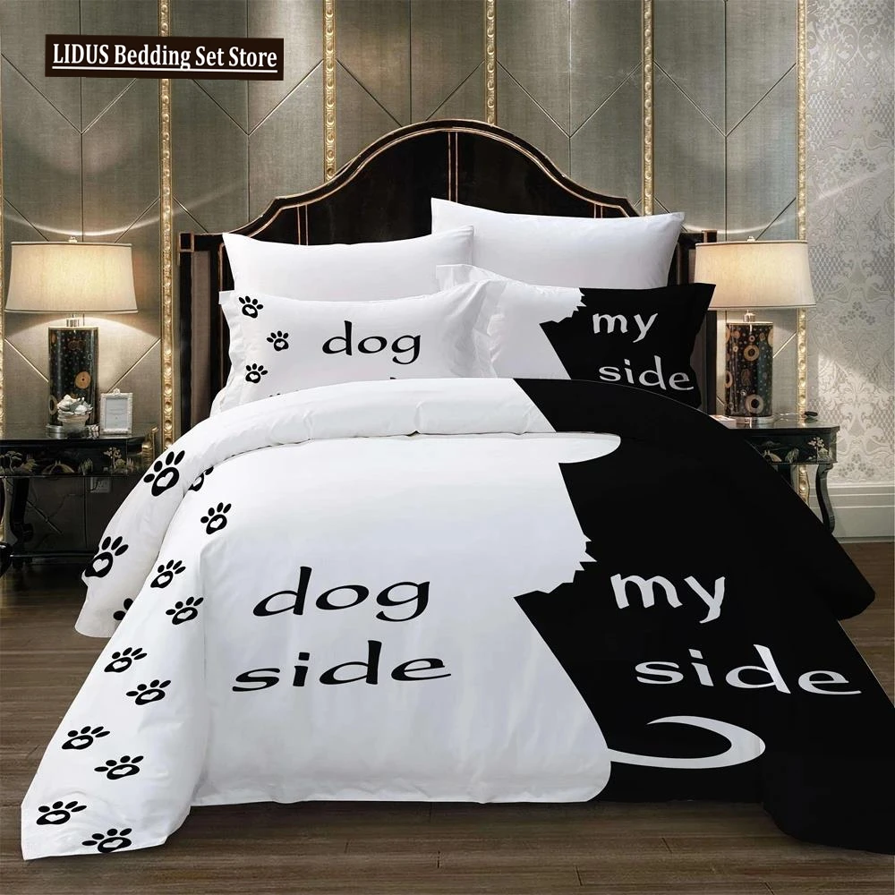 

Black White Bedding Set Cat/Dog/He And Her Couple Bedclothes Pillowcase Customized Duvet Cover Set Bedspread