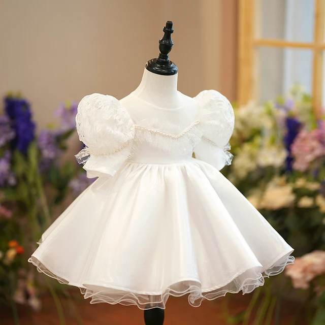 Baby Girl Princess Flower lace Silk Pearl Dress Puff Sleeve Child Vintage Bow Vestido Party Pageant Birthday Baby Clothes 1 12Y AliExpress