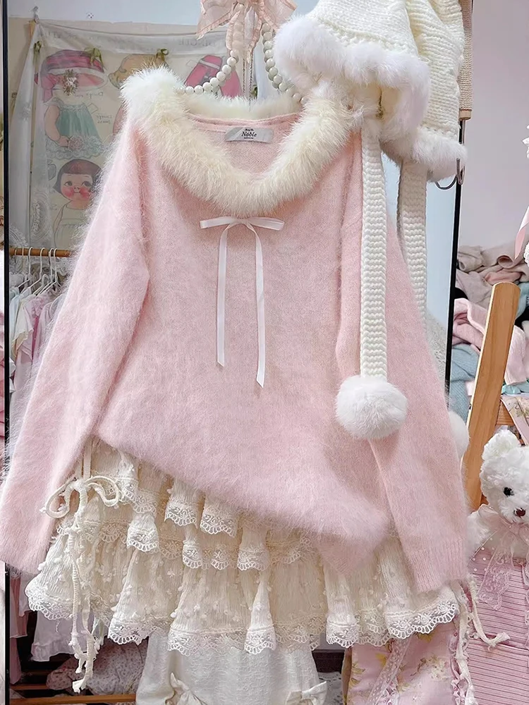 Japanese Kawaii Bow Sweater Women Sweet Long Sleeve Fur Collar Soft Casual Pullovers Fall Winter Cute Lazy Wind Gentle Jumpers