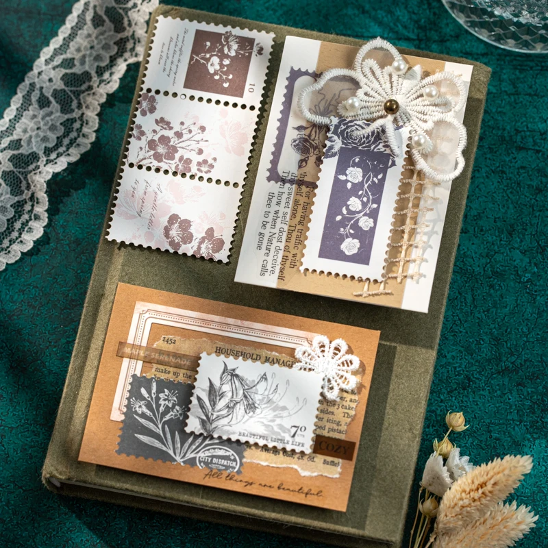 Journal GO 6pcs Vintage Flower Travel Ticket Stickers for Journaling Album Decor Scrapbooking diy Aesthetics Floral Decals