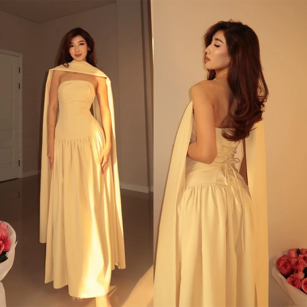 

Customized Charming Yellow Jersey Evening Dress Temperament Strapless Sleeveless long scarf Lace Up Back Celebrity Gowns