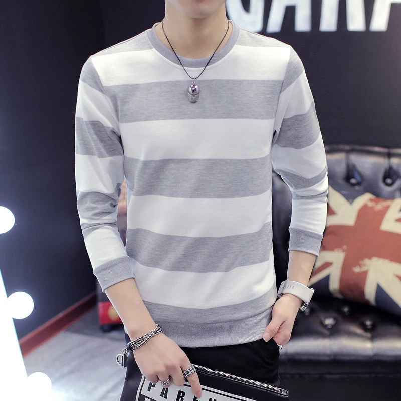 Autumn Winter Striped Print O Neck Long Sleeve Men Sweatshirt Korean Fashion Slim Fit All-match Casual Oversize Pullover T Shirt