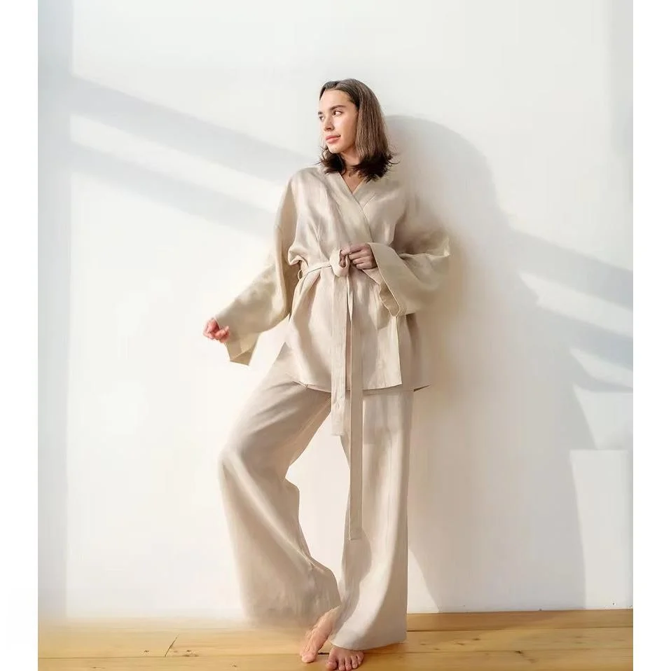 

Faionable Long Sve Хлопково-льняной пижамный комплект со штанами V Ne Домашняя одежда на пуговицах для женщин Весенний сезон Чистый цвет