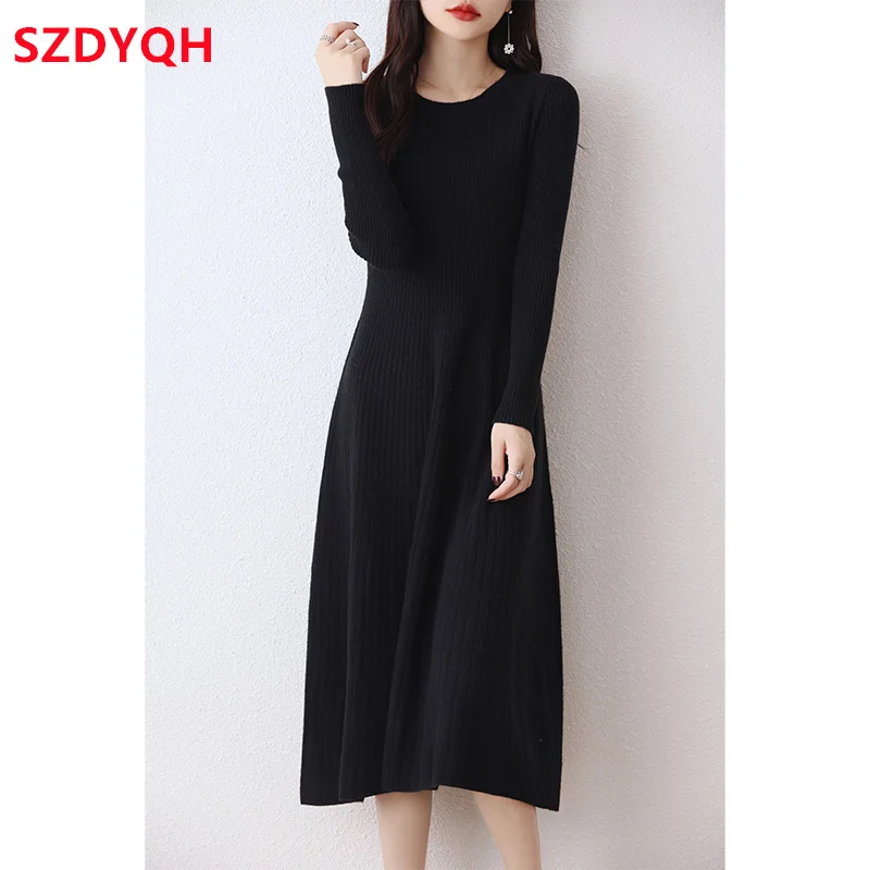 2023 Autumn Winter High Elasticity 100% Wool Thicken Sweater Dress Women Warm Slim Dresses Female Casual Basic Knitted Pullover