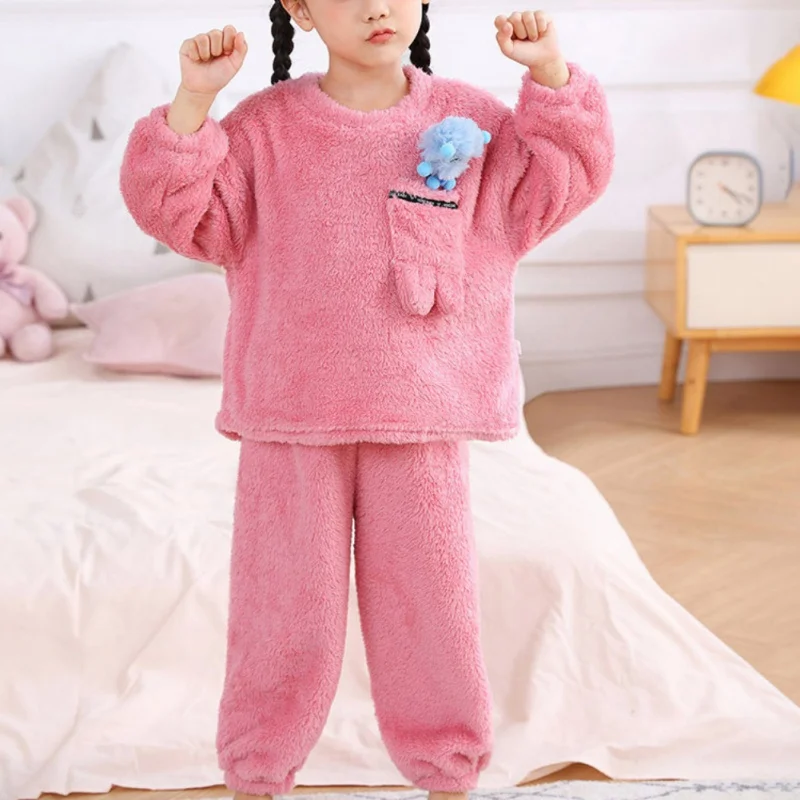 

Autumn Winter Kids Sleepwear Flannel Pajamas For Girls Boys Long Sleeve Tops+Pants Cute Soft Warm Nightwear Pyjamas Loungewear