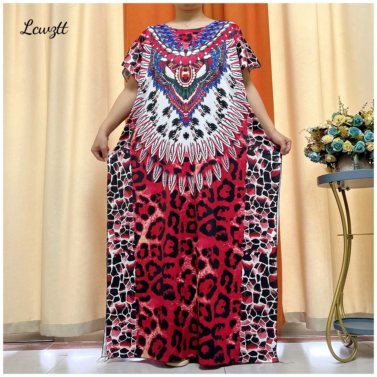 

2023 Latest Short Sleeve African Lady Abaya Dashiki Floral Printing Solid Cotton Loose Caftan Lady Summer Maxi Casual Dresses