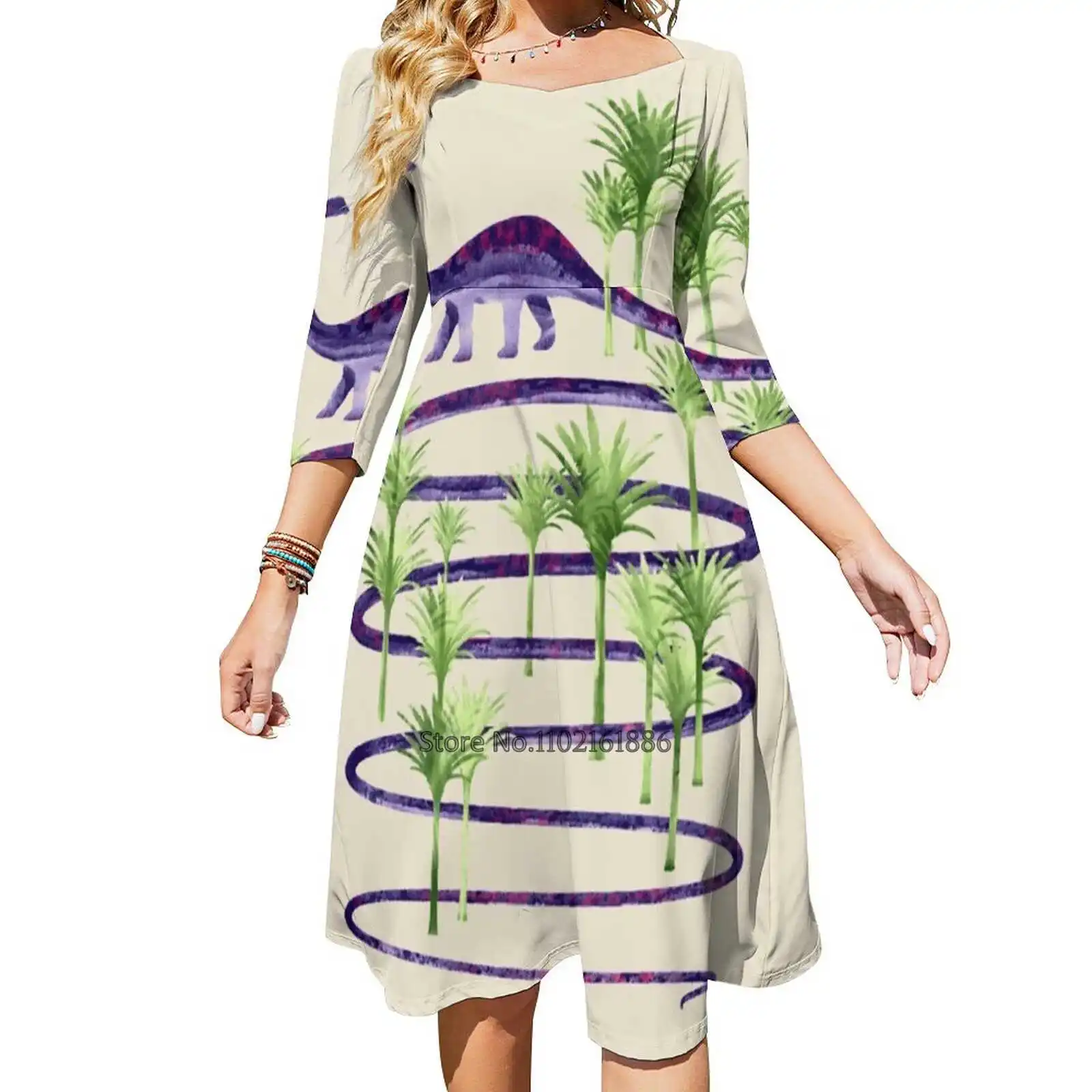 Dinosaur Beauty Back Lacing Backless Dress Square Neck Dress Sweet Elegant Dress Dinosaur Trex Monster Watercolor Jungle Palm