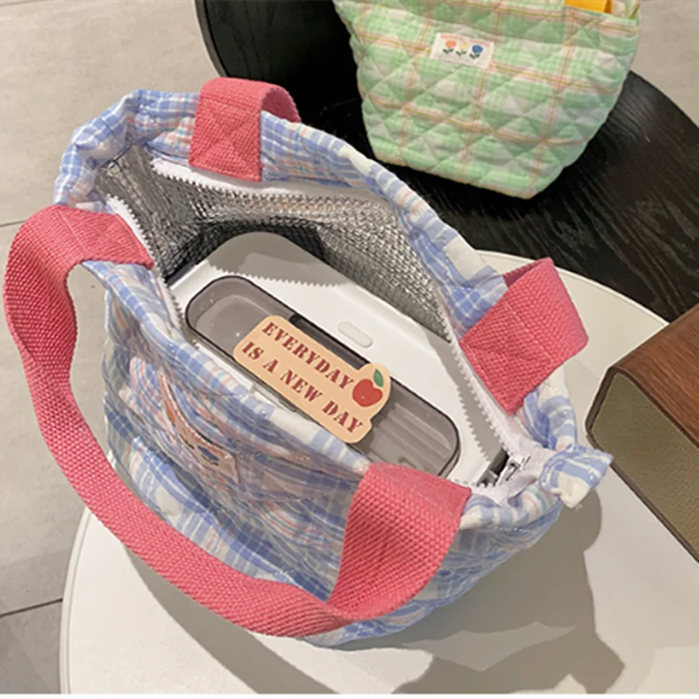 Plaid Lunch Bag Women Thermal Big Capacity Drawstring Lunch Box Tote Food Bags Office Worker Portable Insulated Food Storage Bag