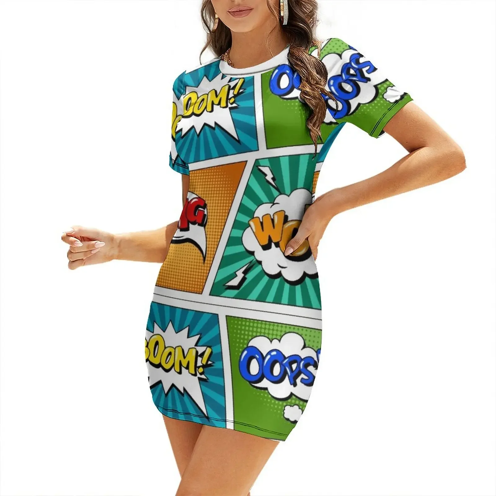 Conjunto de burbujas de cómics en estilo Pop Art. Expressions Boom, OMG, Wow, Oops Vestido de manga corta para mujer, vestidos de fiesta