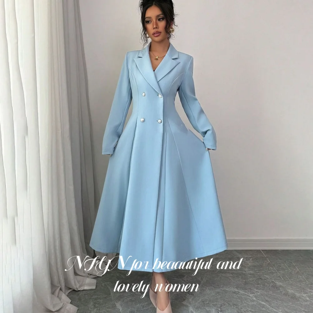

NFYN Blue V-Neck Elegant Formal Gown Satin Pleats Prom Dresses Long Regular Sleeve A-Line Evening Dresses for Woman Customized