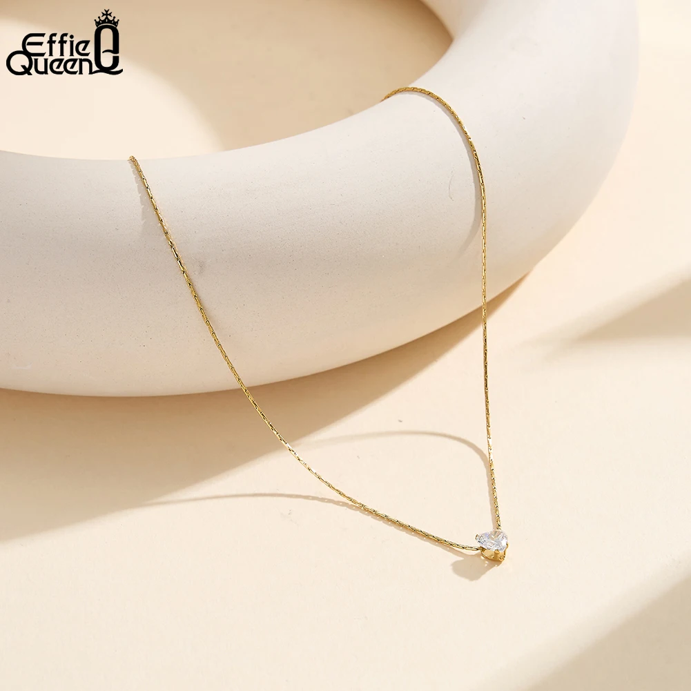 EFFIE QUEEN Creative Zircon Heart Pendant Necklace Dainty Trendy Stainless Steel Heart Choker Chain Waterproof Jewelry STKN18