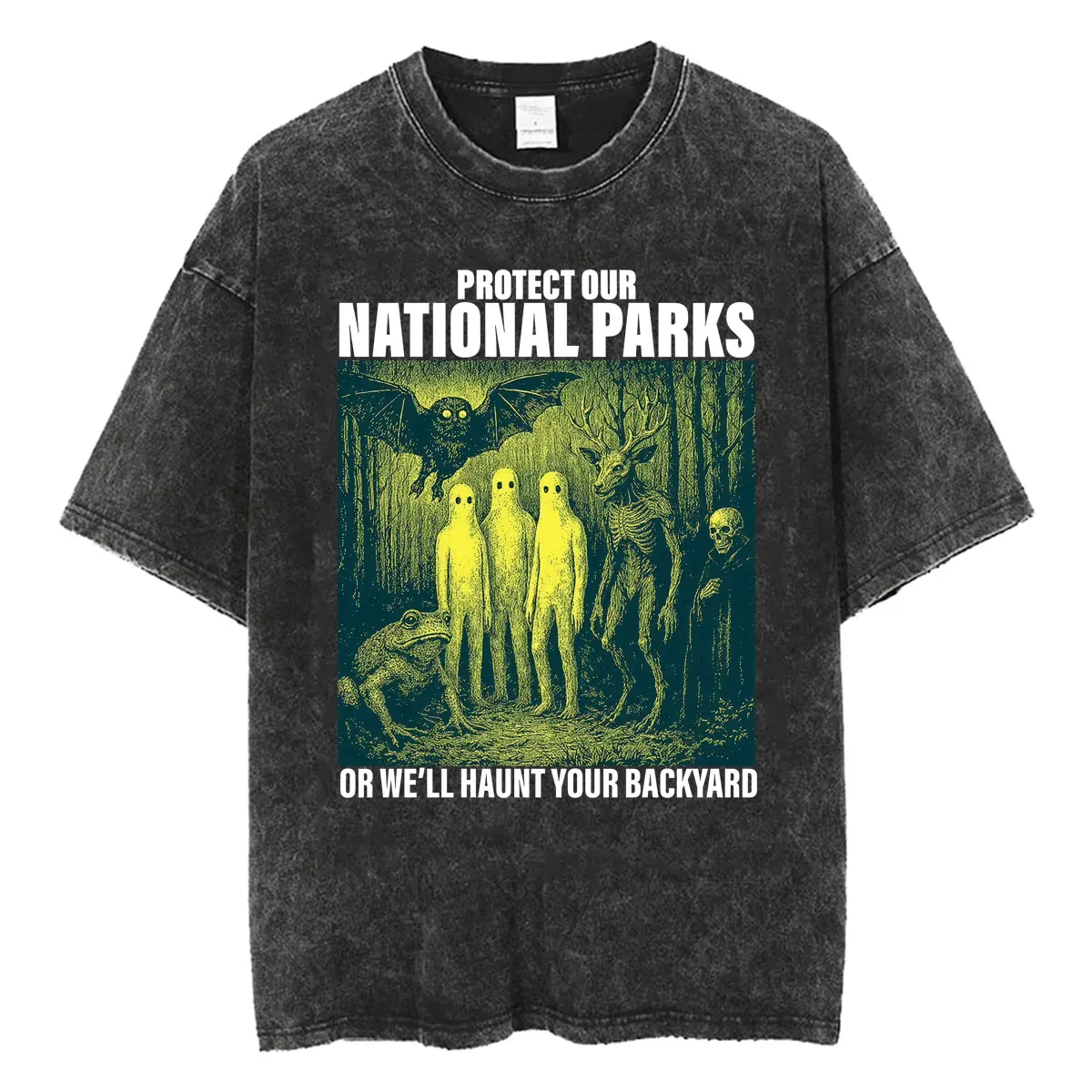 Vintage Washed Mothman Cryptid Graphic T Shirts Folk Horror Alt National Park T-shirts Men's Fashion Gothic High Quality T Shirt