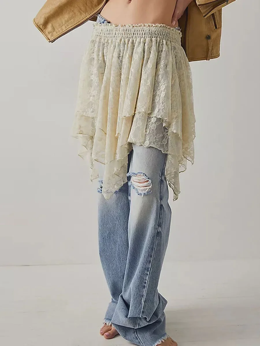 Women Lace Mini Skirts Solid Color Fashion Floral y2k Skirt Casual Vacation Flowy Fit Aesthetic Sheer Dress 2024 New Streetwear