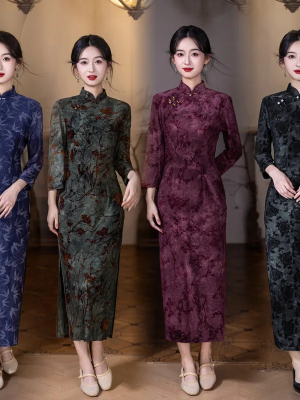 

Chinese Sle Long Cosite Plu Velvet National Faion Low Slit Long Sve Full Length Evening Gown Dr