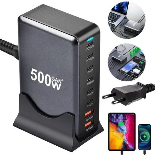 Chargeur rapide multi-ports GaN 500W, adaptateur d'alimentation au nitrure de gallium avec câble de 1,5 m, station de charge portable multi-appareils pour ordinateur portable, téléphone, tablette, appareils numériques, voyage, usage domestique