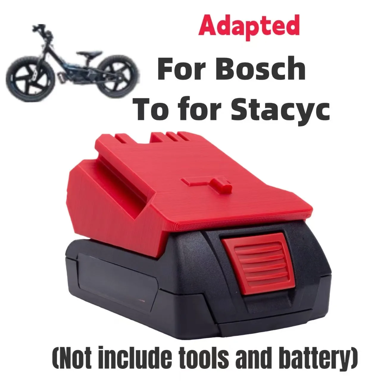 

Adapter For Bosch Stacyc Battery ，This is a one piece adapter to run a 20v Stacyc bike on a Bosch 18v battery.