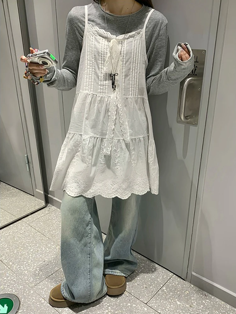 Vestido cropped de renda branca com saia em camadas, estilo coreano, com nó borboleta vazado, modelagem A, cintura alta, para...