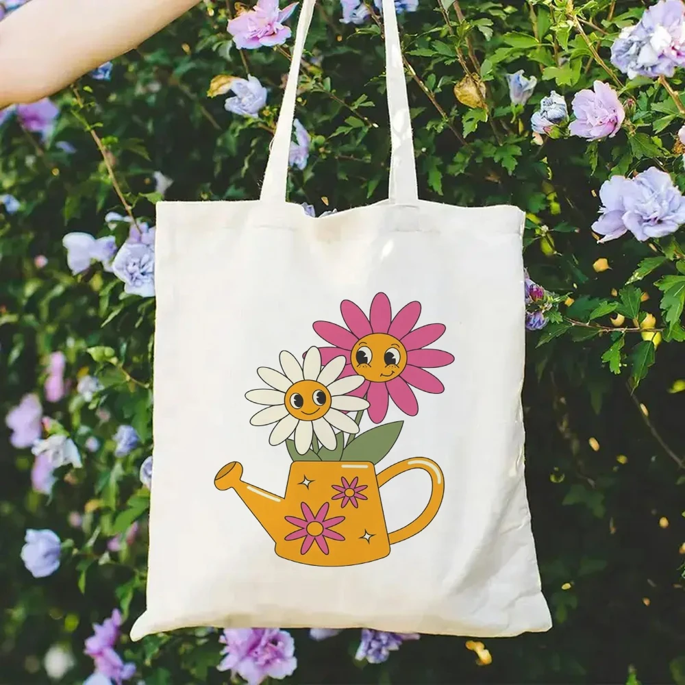Smiling Daisy & Watering Can Tote Cute Cartoon Print, Playful Garden Aesthetic Bag