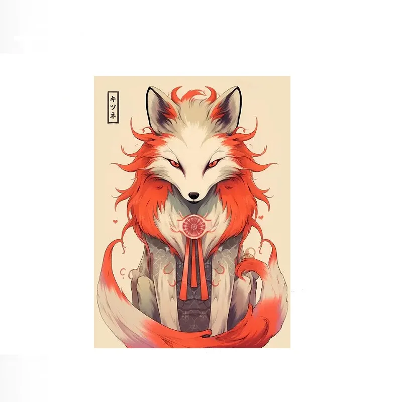 Vintage Japanese Fox, Print Art Canvas Poster, For Living Room Decor, Home Wall Picture