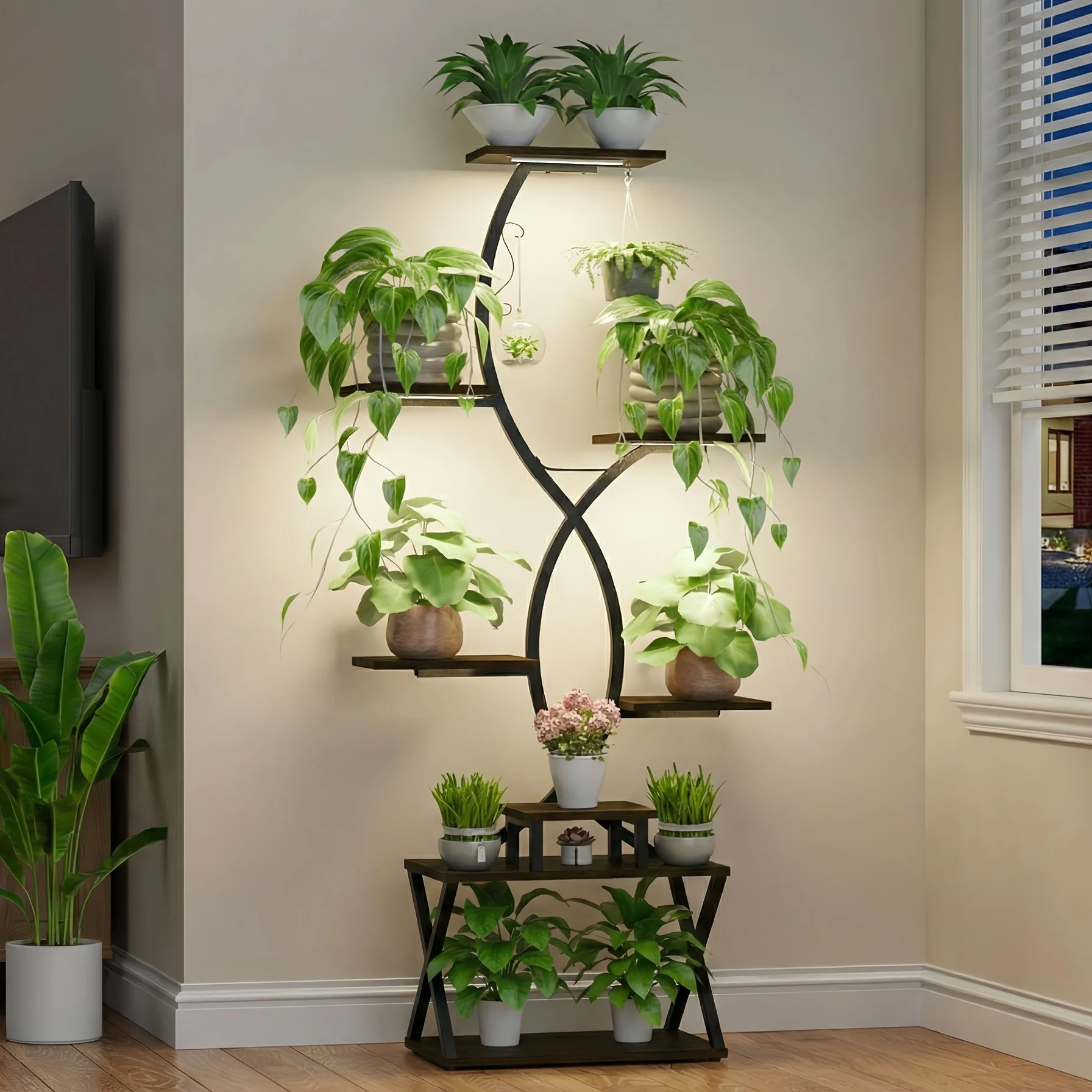 1-delige 8-laags S-vormige metalen plantenstandaard met groeilampen, 157 cm hoge plantenplank voor binnen, ruimtebesparend stevig plantenrek voor thuis - afbeelding 2