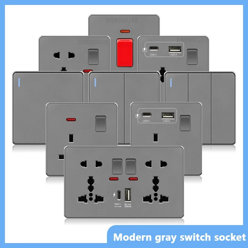 Universal USB Type-c 18W Fast Charge Power Socket plug,Home Wall Light Switch,UK 13A with Dual USB Electrical outlet AC110-250V