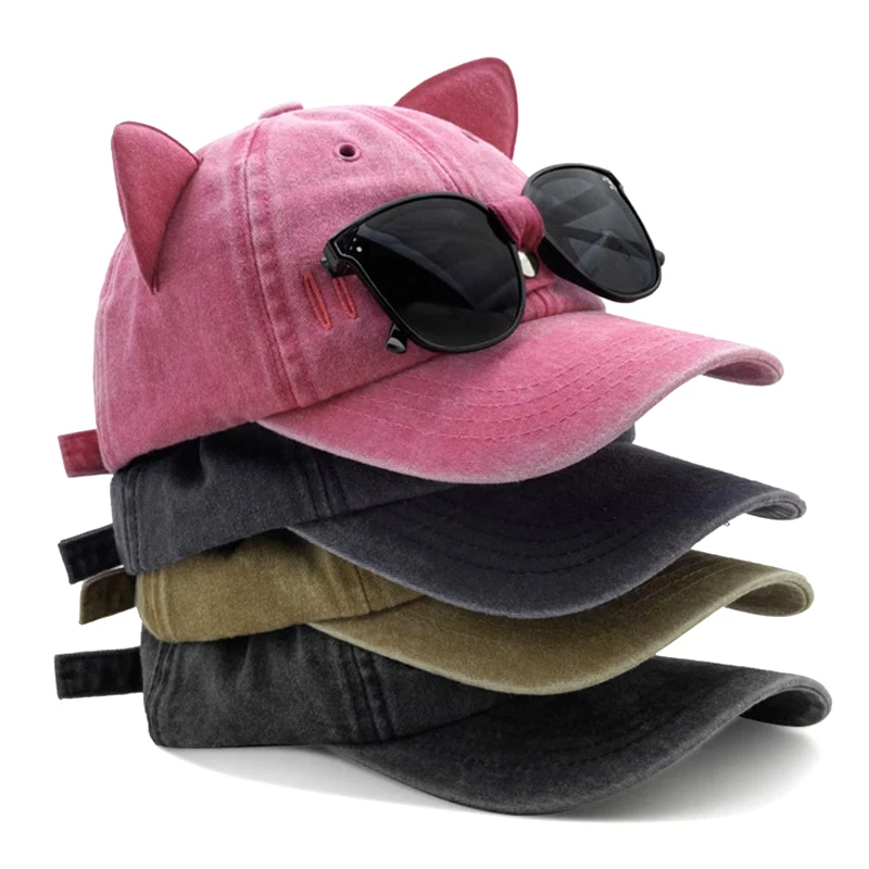 Girls Cat Ears Sunglasses Pink Baseball Cap Ins Personality Ins Trendy Cool Girl Cap Washed Retro Cotton Baseball Hat